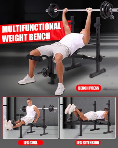 Image of OPPSDECOR Standard Weight Bench Set with Squat Rack, 900LBS Adjustable Bench Press Set with Leg Extension and Leg Curl, Foldable Flat Incline Decline Workout Bench for Home Gym Full Body Training