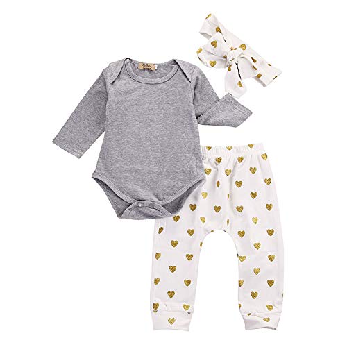 Mubineo Infant Baby Girls Newborn Basic Clothes Outfits Long Sleeve Bodysuits Pants Set (Grey/White, 0-3 Months)