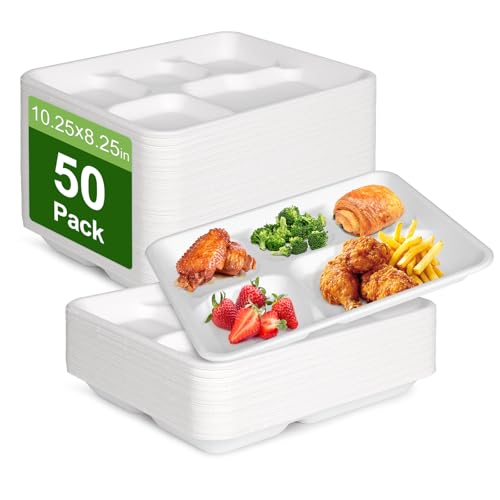 Qi Boo Compostable 5 Compartment Plates Disposable 10.25 x 8.25 inch [50-Pack] Heavy Duty Paper Plates with dividers Sturdy School Lunch Trays White Paper Dinner Plates for Kids Buffet Party