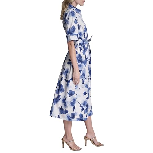 Image of DKNY Women's Short Sleeve Cotton Poplin Collared Midi Shirtdress