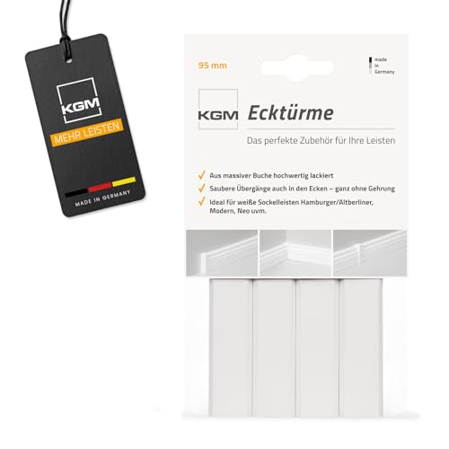KGM 4x Eckturm Vorteilspack – Weiß lackierte Innen-, Außenecke oder Verbinder zwischen den Sockelleisten – Auch als Endkappe, Abschluss & Endstück geeignet – Maße: 21 x 21 x 95 mm – 4 Stück