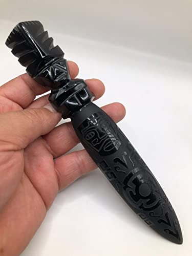 7.8 In Black Obsidian Letter Opener, Polished And Engraved Handmade By Craftmen, Figurine, Paperweight Stone, Craft Teotihuacan Mexico - 7.8 X 1.1 In - 3.77 Oz Weight (Design 24) #TOP4