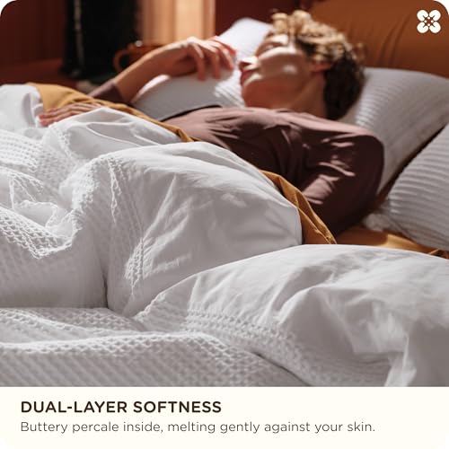 Bedsure Cotton Duvet Cover Queen - 100% Cotton Waffle Weave Bright White Duvet Cover Queen Size, GentleSoft™ and Breathable Bedding Set for All Season, 3 Pieces, 90"x90"