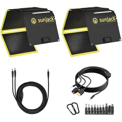 SunJack 120W Solar Panel Charger Kit - Includes Parallel Adapter Cable and 2x 60W IP67 Waterproof ETFE Folding Solar Panels with DC5521 / USB-A / PD30W USB-C - Outdoor Camping, RV, Off-Grid, Emergency Cover