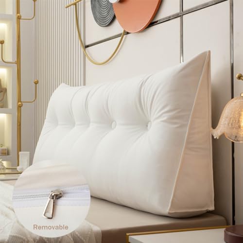 Treer Almohada Triangular con Cuña Triangular para Respaldo, Antiincrustante Almohada de Lectura de Cabecera, Cojín de Apoyo Lumbar, Cojín de Posicionamiento para Sofá (Blanco Crema,100x50x20cm)