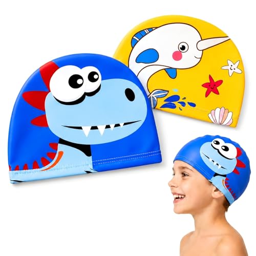 2 Stück Badekappen Kinder, Niedliche gedruckt Badekappen, Schwimmkappe Kinder, Karikatur Badekappe Elastisches Polyester, Bademütze für 3-8 Jahre