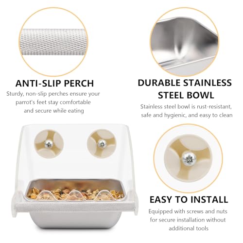 Hypeety Transparent Bird Feeder No Mess Parakeet Feeder for Cage Clear Bird Cage Feeders with Anti-Slip Perch Stainless Steel Food Bowl for Parakeets Parrots Budgies Lovebirds Cockatiels Conures