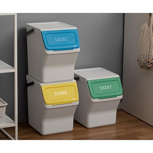 TATAY Recycling Kitchen Bin Easy Waste 20L | Set of 3 | Stackable Recycling Bins Modular Design | Click-Lid System | Integrated Carry Handle | Made from Recycled Material | 35x27x36 cm – White - Image 3