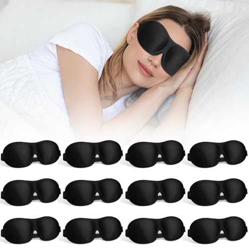 Bonuci 12 Pack Sleep Mask Blackout 3D Eye Mask for Ultralight Sleeping Night Blindfold Eye Covers with Adjustable Strap for Men Women Travel Gift Back and Side Sleeper (Black)
