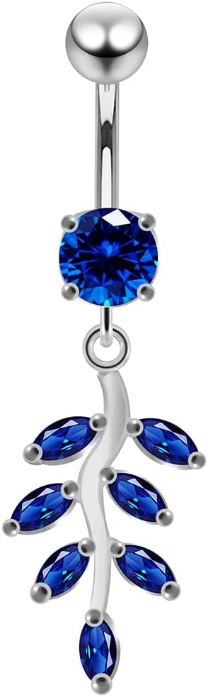 Round with Leaf Brunch Dangling Design 925 Sterling Silver with 14 Gauge, 10mm Length Stainless Steel Belly Ring - Belly Button jewelry - Navel jewelry