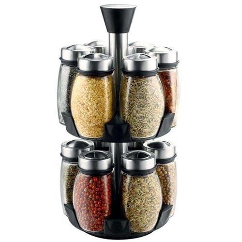 Estante giratorio para especias con 12 botes de especias, organizador de especias, organizador de especias, cristal, carrusel giratorio, estante giratorio para especias con 2 niveles para cocina,