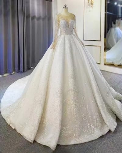 Long Sleeves Wedding Dresses for Women Sparkly Beaded Bridal Wedding Dress A Line Bridal Gowns with Train ZZ-W273