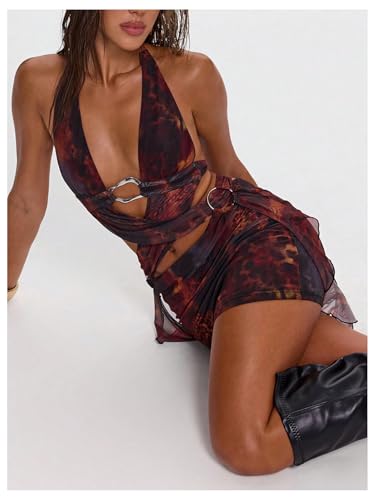 SOLY HUX Women's Tie Dye Halter Mini Dress Y2k Backless Ruffle Asymmetrical Mesh Party Club Dresses4