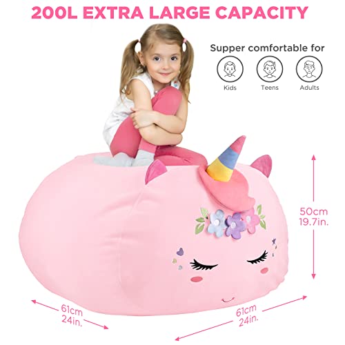 GAGAKU Kuscheltier Sitzsack Aufbewahrung Abdeckung 200L, XXL Spielzeug Aufbewharungstasche für Kinderzimmer Große Füllbarer Reißverschluss Sitzsack zum Organisieren (Einhorn)