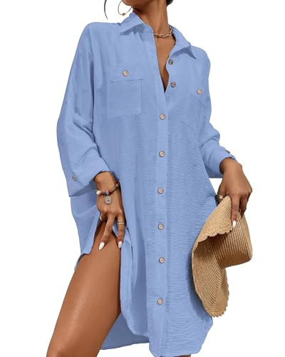 Image of Bsubsach Button Down Swimsuit for Women Sweatshirt Dress with Ruffled Sleeves Beach Shirt