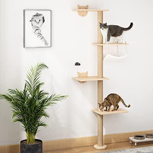 Rascador para gatos de pared y escalada de 4 pisos (176 cm) de madera de pino natural, estantería para gatos con hamaca y alfombrilla para rascar sisal, ratón de juego, pared de escalada para gatos de
