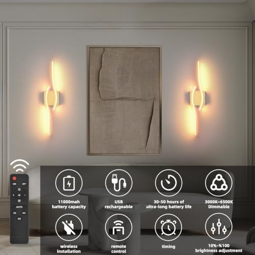 Image of Battery Powered Wall Sconces Set of 2, Gold 23.6 inch LED Dimmable Wall Sconce with Remote Control /Timer /Memory, USB Rechargeable Wall lights for Living Room, Bedroom, Hallway Wireless scones lighting