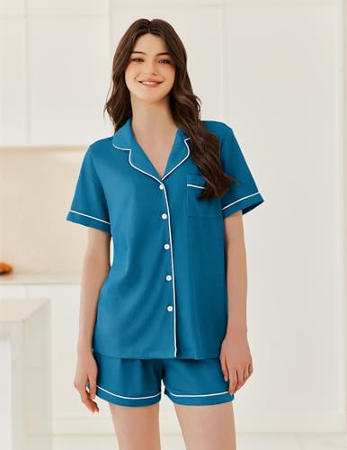 Image of Ekouaer Womens Waffle Knit Pajama Sets Soft Short Sleeve Button Down Sleepwear Cozy 2 Piece Pjs Shorts Set