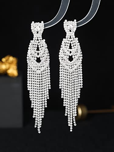 Long Tassel Drop Earrings, Bridal Wedding Rhinestones Cubic Dangles Cascade Fringe Tassel, Boho Waterfall Beaded Fringe Drop Earring For Women Girls. (Dte1816293S) #TOP5