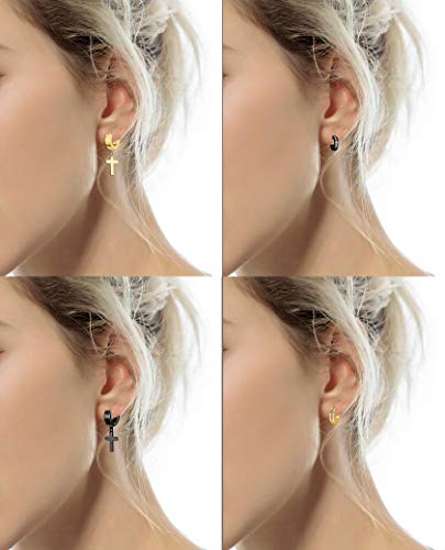 12 Pairs Stainless Steel Small Hoop Earrings Set Huggie Earrings CZ Inlaid Dangle Hinged Earrings Stud Earrings for Mens Women Silver Black Gold Tone4