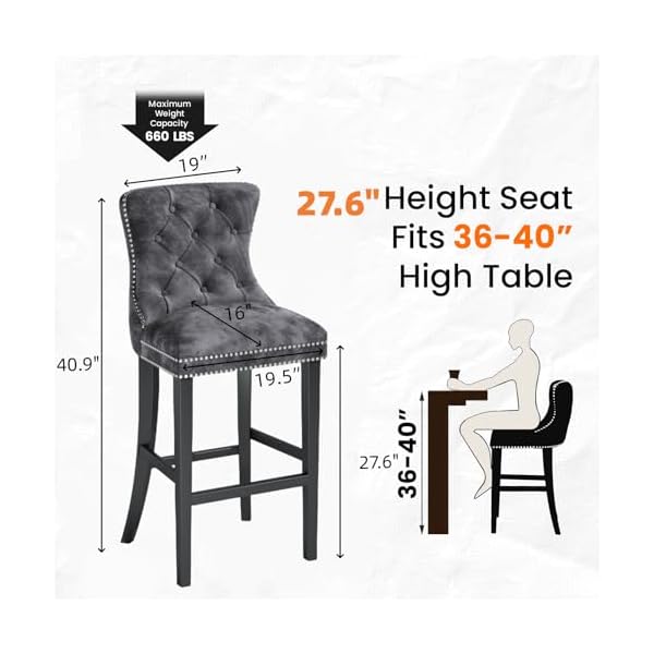 Dklgg upholstered counter height bar stools set of 2 velvet tufted bar stools with back and footrest farmhouse kitchen island stools dining room chairs 272h chrome nailhead trimgrey  urban country home decor