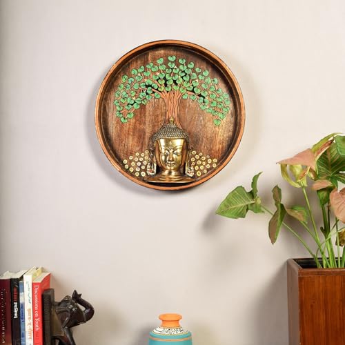 Image of AAKRITI ART CREATIONS Nirvana Buddha Wall Art, Handcrafted Wooden Decor Featuring Bodhi Tree and Buddha Head, Dhokra Art Set of 1, Multi Color | Matte Finish Mango Wood | Living Room, Bedroom, Office