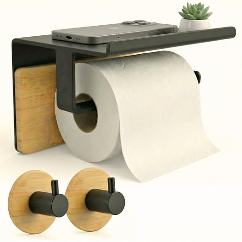BYSER Portarrollos Papel Higienico Adhesivo con Repisa + 2 Ganchos. De Acero Inoxidable Negro y Bambú. Soporte para Papel Higienico Pared sin Taladro, con Accesorios Baño Modernos