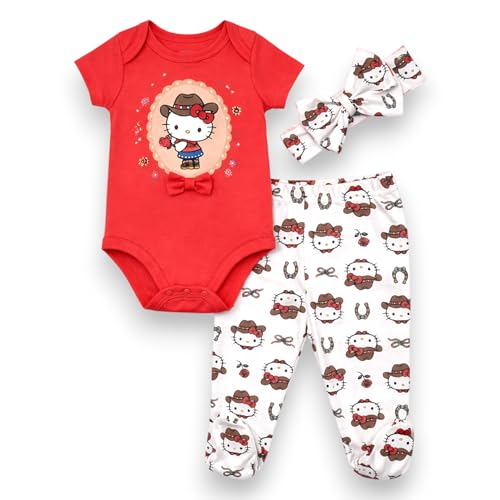 Hello Kitty Baby Girls 3-Piece Footie Set Short Sleeve Onesie Bodysuit Footed Pants - Red NB