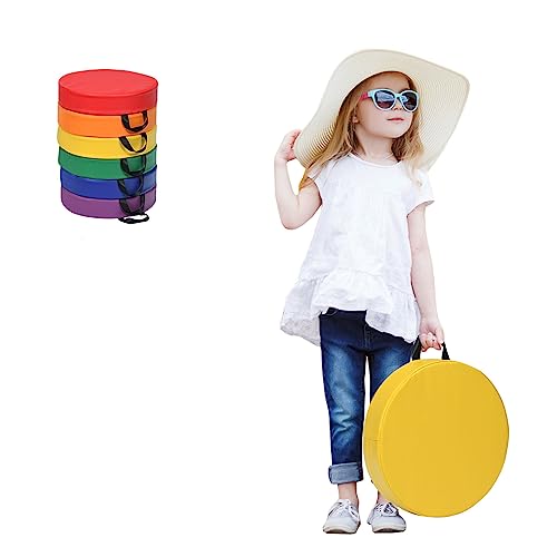 LIFEZEAL Juego de 6 Cojines de Silla para Niños, 6 Cojines de Asiento de Colores con Asa, Cojines de Suelo Apilables de Espuma y PU, Cojín Infantil de Descanso para Habitación Infantil (Redondo)
