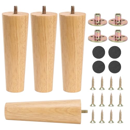 HO2NLE 4 Piezas Conicas Patas de Madera para Muebles de Mesa, Sofa, Reemplazo con Placa de Montaje Tornillos y Protector Antideslizante (15CM)