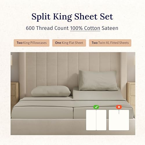 California Design Den Split King Sheet Set - 100% Cotton, 600 Thread Count, Breathable Luxury King Size Sheets for Adjustable Bed, Luxury Hotel-Quality Sheets with Soft Sateen Weave (Cool Taupe)