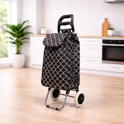 Image of KriShyam Foldable Shopping Trolley Cart with Pattern Design | Large Capacity Grocery Cart with Wheels | Durable Fabric Utility Cart | Lightweight Portable (2 WHHEL Black (Geometric Print))