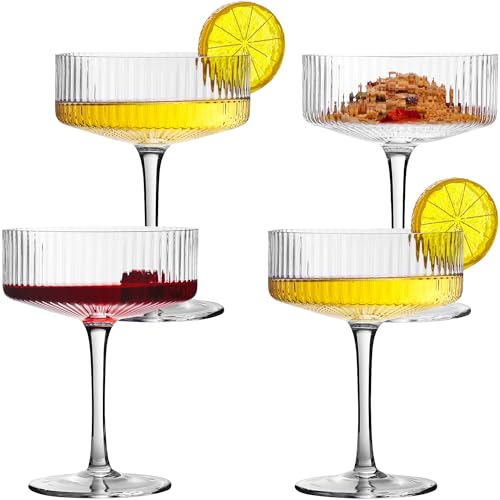 4 Pcs Ribbed Coupe Cocktail Glasses, 10 oz Classic Old Styling Martini Glass Set with Gift Box Packaging Elegant Hand Blown Manhattan Goblet for Cocktail, Champagne, Bar and Gift