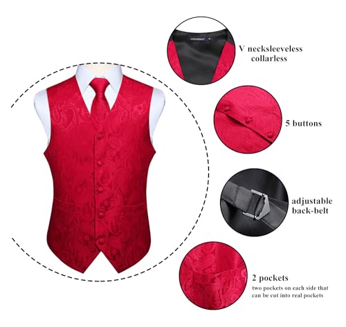 HISDERN Men's Vest Tie Set Paisley Floral Jacquard Necktie Pocket Square 3PCS Waistcoat for Suit or Tuxedo Wedding Party4