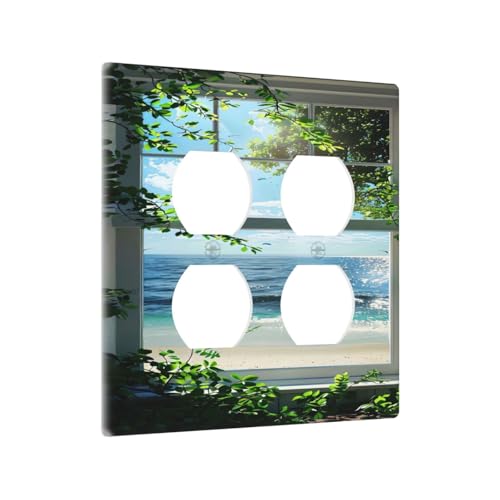 Decorative Outlet Covers Window Beach Seascape View Green Leaves 2 Gang Wall Plate Cover Double Duplex Receptacle Two Switch Light Switch Cover Plate Jumbo Dual Faceplate