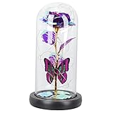 Lurrose グラスローズ プリザーブド ローズ フラワー ランプ バレンタインデーの贈り物 蝶のバラ 紫色のプリザーブド ガラスカバー クリスマス 逃す プラスチック