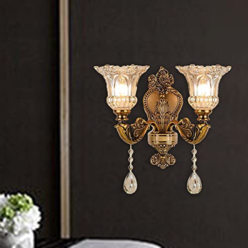 Litfad LT583668M Vintage Floral Wall Mount Lamp 2 Heads Beveled Crystal Prism Wall Sconce Light Retro Decoration Wall Lamp In Brass thumb #2