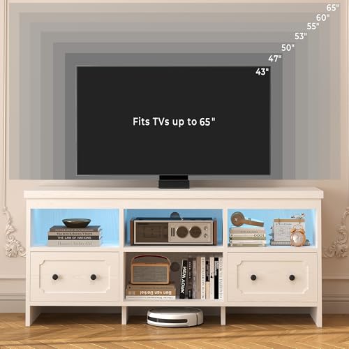 IRONCK TV Stand for 65 Inch TV, 55" LED Entertainment Center with Storage Cabinets, Power Outlets and Open Shelf, Media Console TV Cabinet with Drawers for Living Room, White