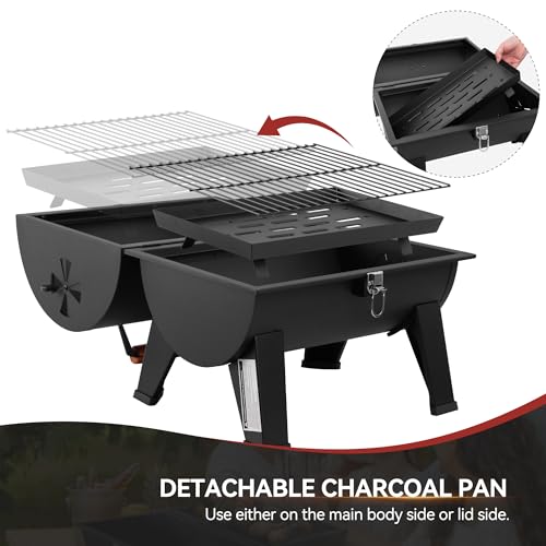 Image of Royal Gourmet CC1619 Portable Tabletop Charcoal Grill, Convertible Lid-to-Grill Zone, Outdoor Compact Barrel BBQ Grill with 217 Sq. In. Grilling Space for Backyard, Patio and Parties, Black