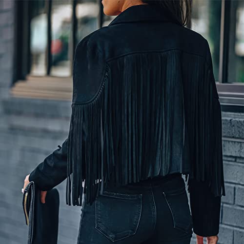 Women's Black Genuine Suede Tassel Fringe Cropped Leather Jacket Lapel Long Sleeve Biker Vintage Classic Native American3