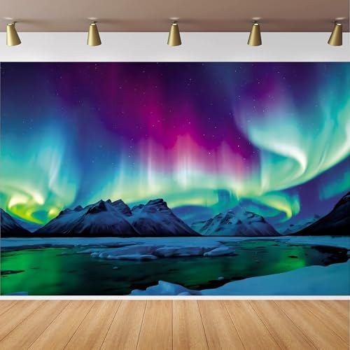 CapiSco Northern Lights Backdrop 7x5FT Aurora Borealis Snow-Capped Mountains and Sea View Background for Aurora Theme Party Decorations Aurora Borealis Night Sky Backdrops Banner
