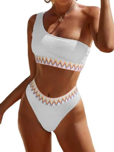 Image of YIMISAN Women's Ribbed Bikini Sets One Shoulder Top with Mid Waist Two Piece Bathing Suit