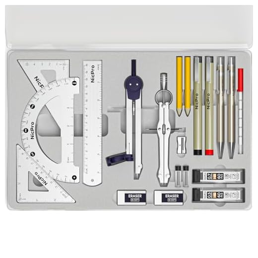 Nicpro 20PCS Professional Geometry Set with Case, Geometry Kit with Metal Rulers and Compasses, Protractor, Pencils, Lead Refills, Drawing Supplies, Drafting Tools Kit for Architect Artists Students