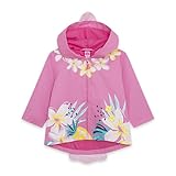 Gabardina de bebé niña en rosa con capucha y cremallera, con estampado de flores y detalle carita pájaro en capucha y cola en parte inferior posterior de la colección Tahiti