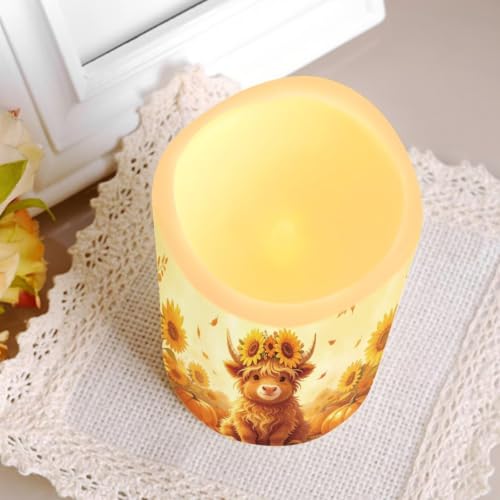 Image of Fall Highland Cow Flameless Candles Set of 4 with Remote Control | Thanksgiving Day LED Flameless Candle Set with Timer, Battery Operated Fake Candles for Kitchen Room, host gift