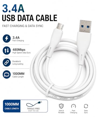 Image of 3.4A USB Data Cable 1000MM Fast Charging Cable | High-Speed Data Sync Cable | Durable USB to Micro USB Charging Cable for Smartphone