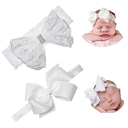 Image of Nishine 2 Pack Baptism White Newborn Bowknot Headbands Baby Christening Hair Bows Headwrap Toddler Hairband (Bowknot -2 pack)
