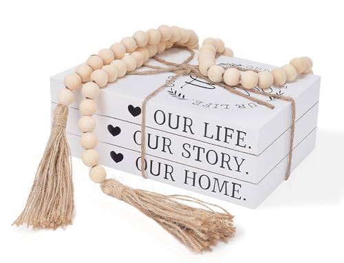 Decorative Books for Home Decor, Faux Books for Decoration, Rustic Farmhouse Decor, Fake Books with 52in Wood Beads Garland, Book Decor for Living Room Coffee Table (Our Life, Our Story, Our Home)