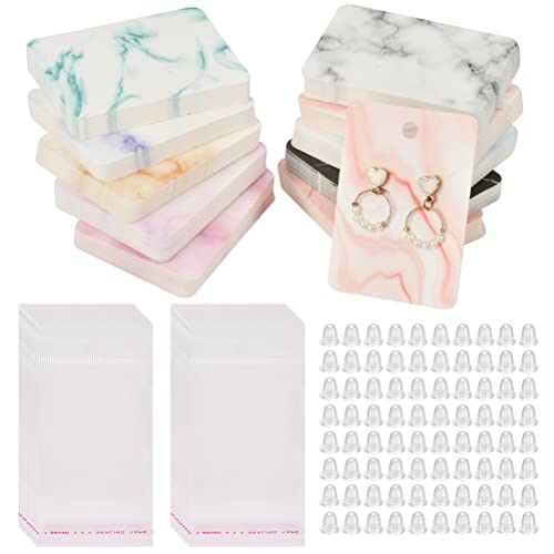 TIMESETL 200Pcs Earring Display Card, 10 Colors Marble Design Earring Cards, Jewelry Display Card Holder Set with 200 Pieces Self-Seal Bags and 400 Earring Backs for DIY Jewelry Display and Packing