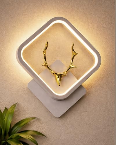 Image of Homesake LED Wall Lamp for Living Room Bedroom, Modern Golden Deer Decorative Wall Light, Warm White Indoor Designer Home Decor Light, Stag Face, Square Frame, (White, Square)